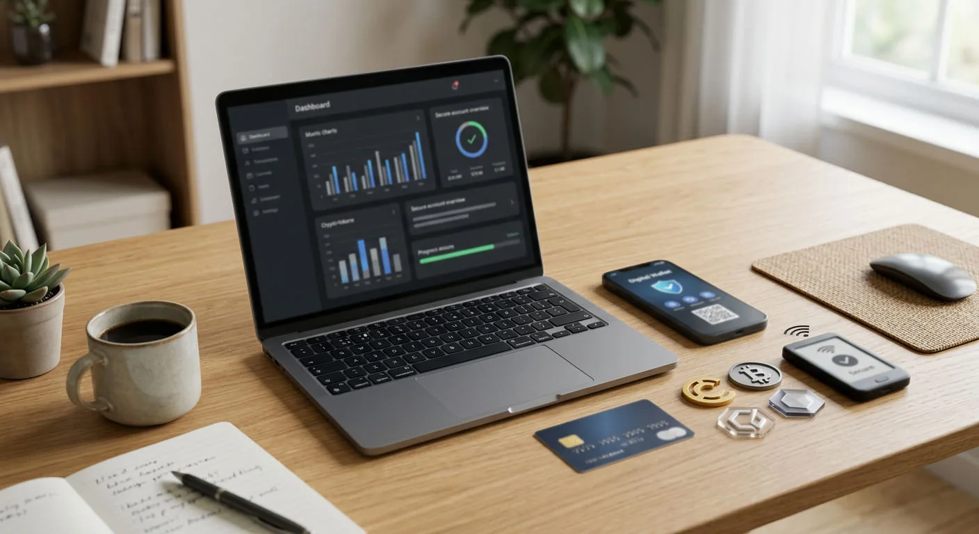 Phone and laptop beside generic bank-card, e-wallet and crypto-token shapes