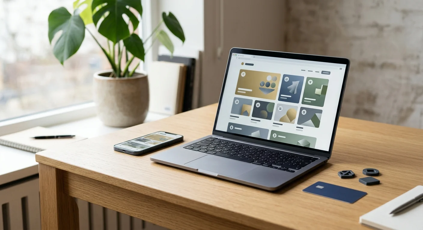 Laptop and phone beside generic casino-game tiles and payment objects on a desk