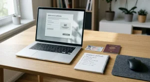 A laptop beside an identity document and a payment-method checklist on a clean desk