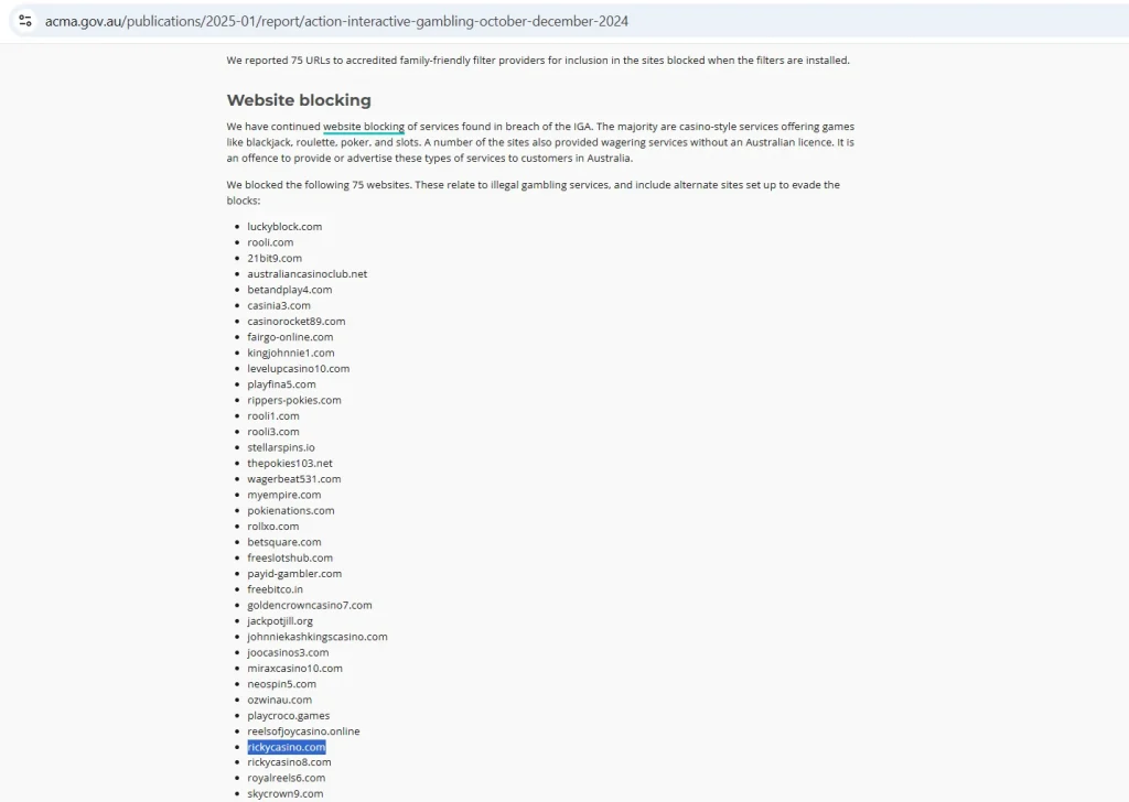 ACMA action report page showing the rickycasino.com entry in blocked illegal gambling websites material