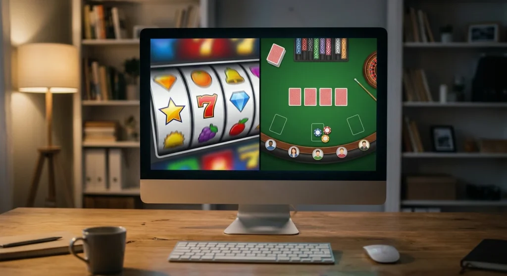 A generic digital casino lobby scene with slot reels on one screen and a live table setup on another