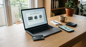 A laptop displaying generic card, e-wallet and cryptocurrency payment symbols beside a phone