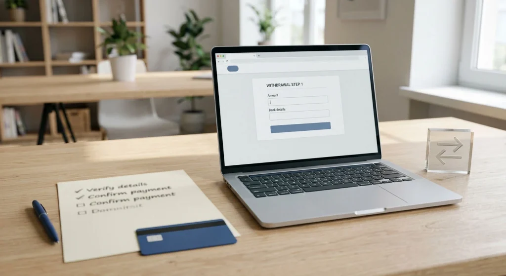 A laptop beside a notebook showing a generic withdrawal checklist and payment card