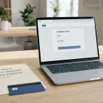 A laptop beside a notebook showing a generic withdrawal checklist and payment card