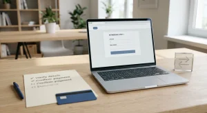 A laptop beside a notebook showing a generic withdrawal checklist and payment card